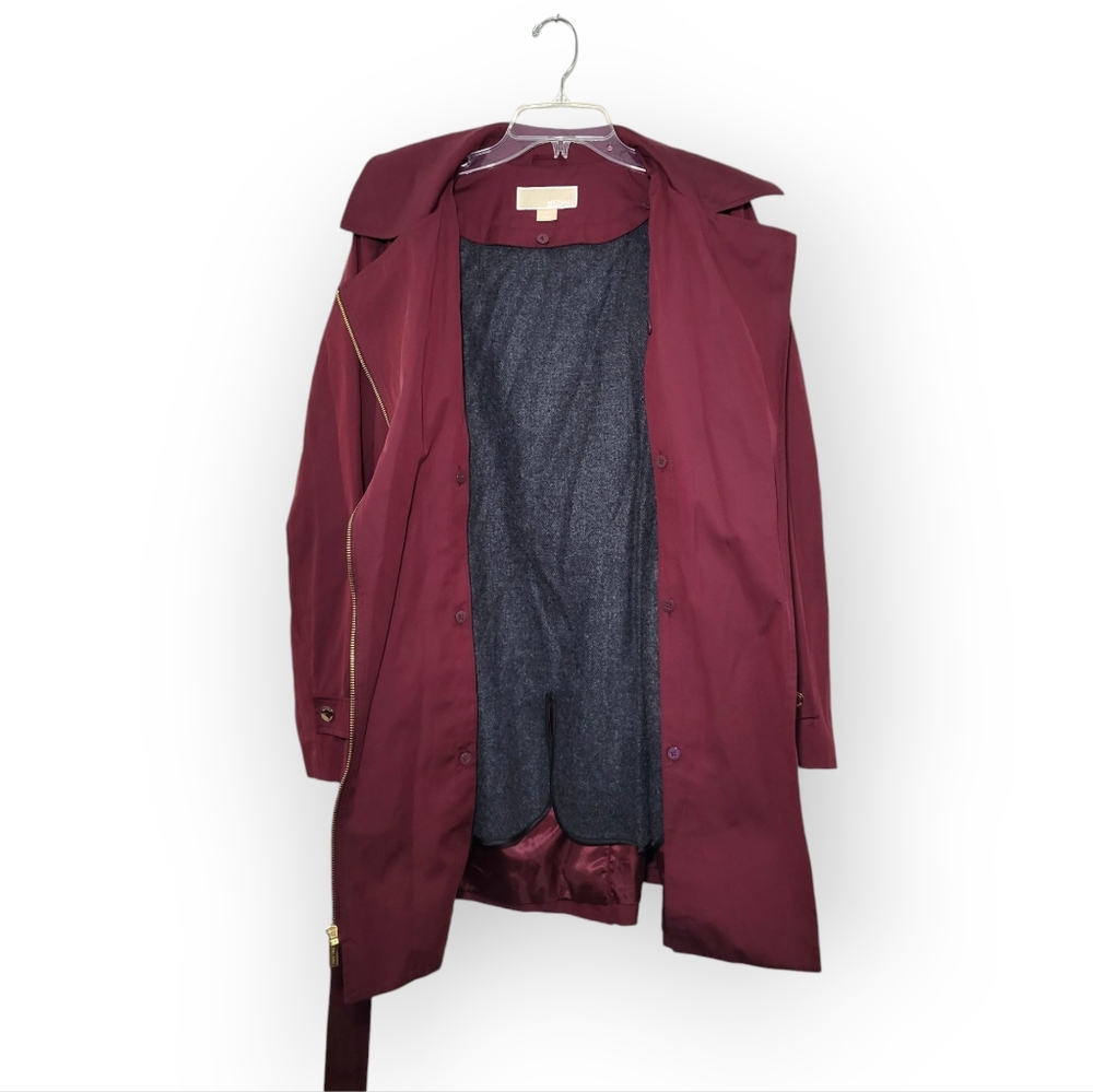 MICHAEL KORS Asymmetrical Zip Mid Length Trech Coat with Hood Maroon M - Picture 4 of 10